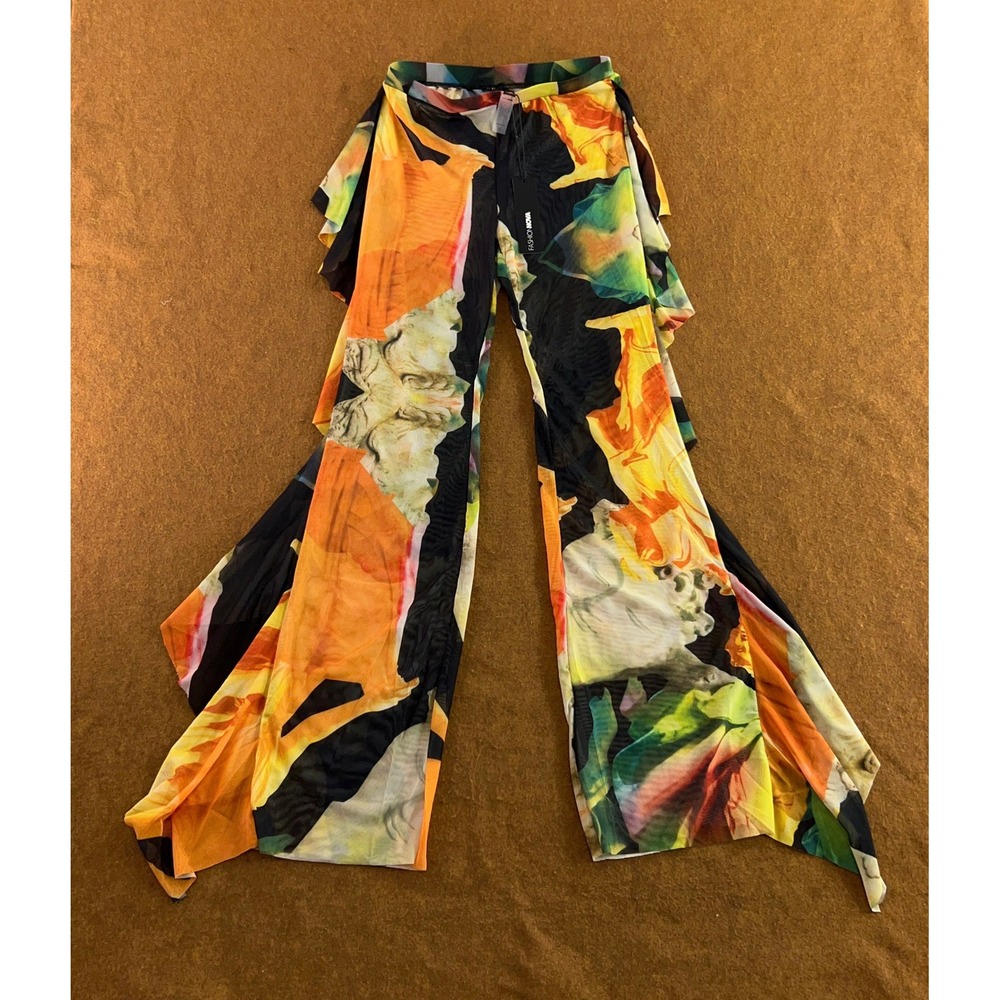 Fashion Nova Womens Small Multi Sunrise Mesh Ruffle Wide Leg Cover Up Pants NWT